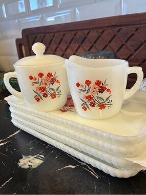 Fire King White Milk Glass Sugar Bowl with Red Floral Pattern